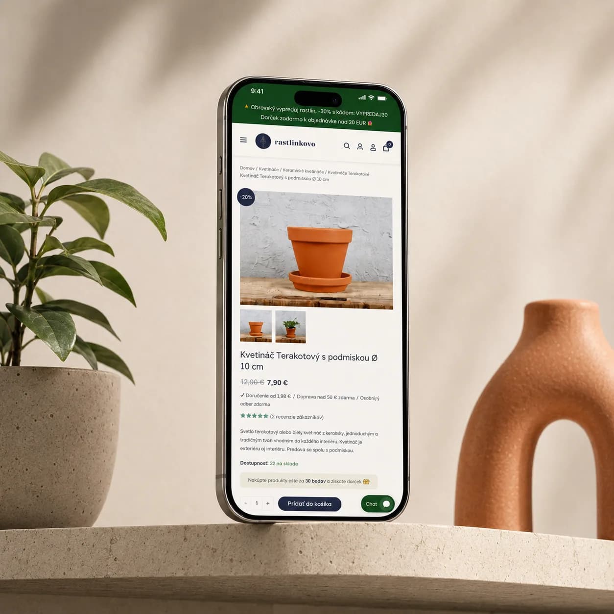 Rastlinkovo terracotta pot product detail on a phone