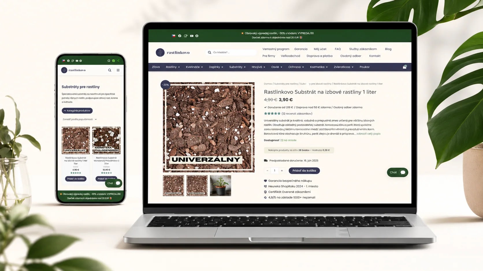 Rastlinkovo on a laptop and phone with a product page and mobile catalogue