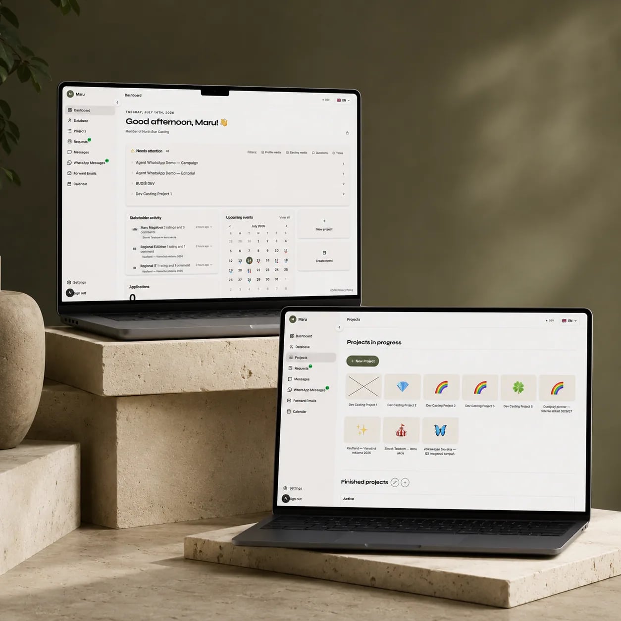 The Slates web application on two laptops in a calm workspace