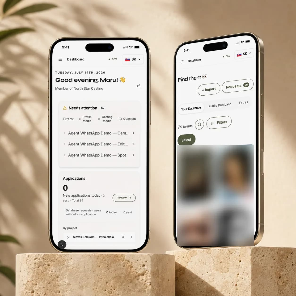 Slates dashboard and talent database on two phones