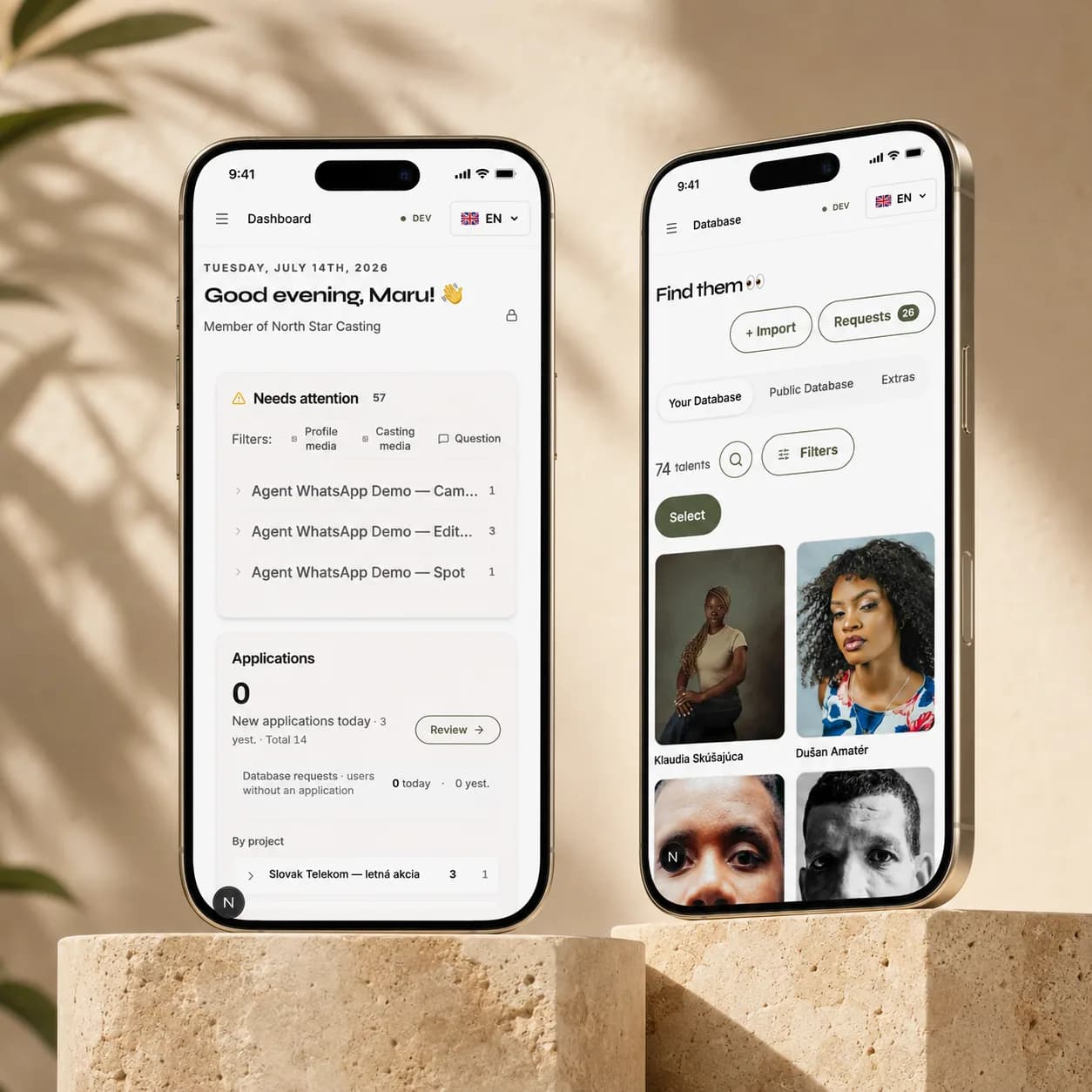 Slates dashboard and talent database on two phones