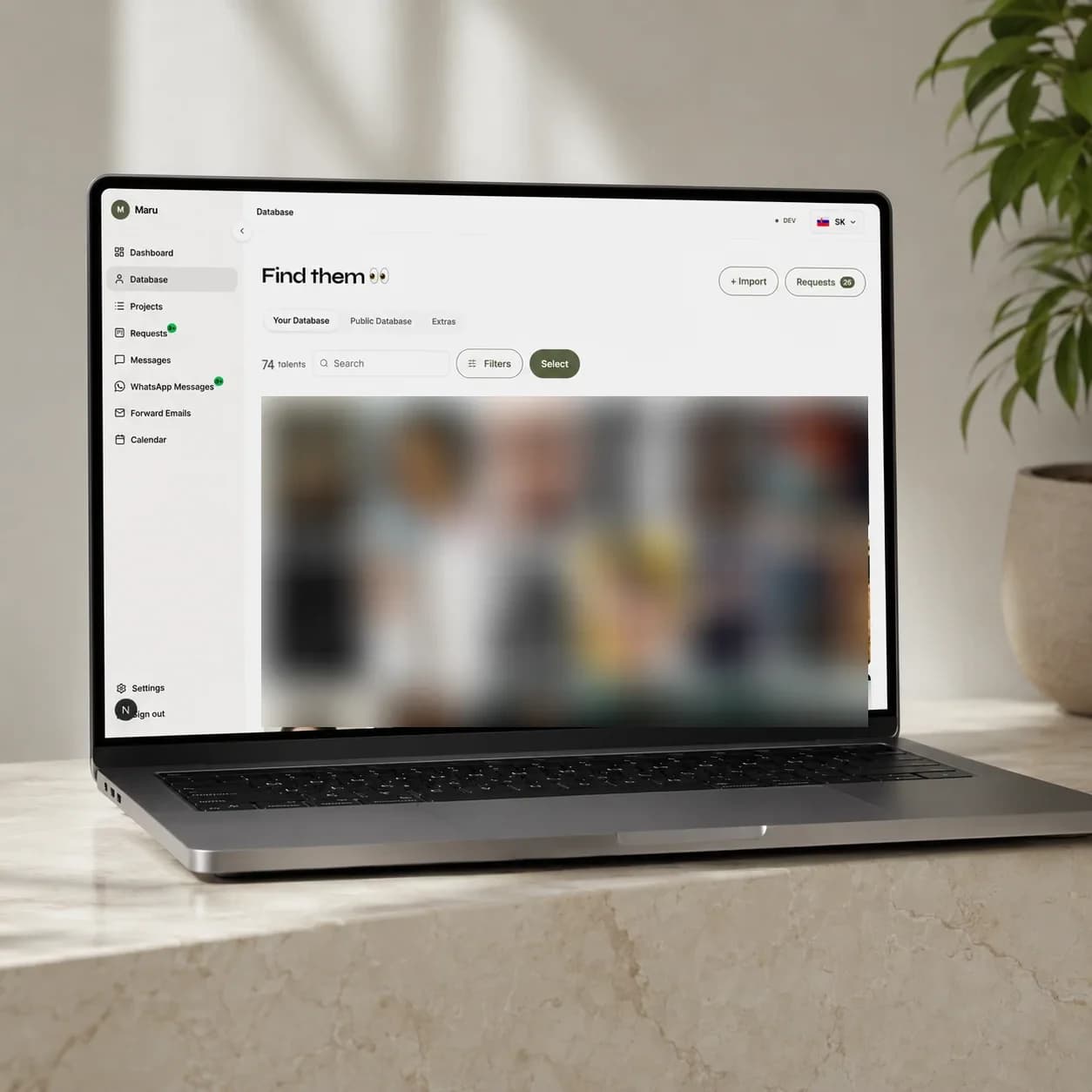 Slates talent database on a laptop