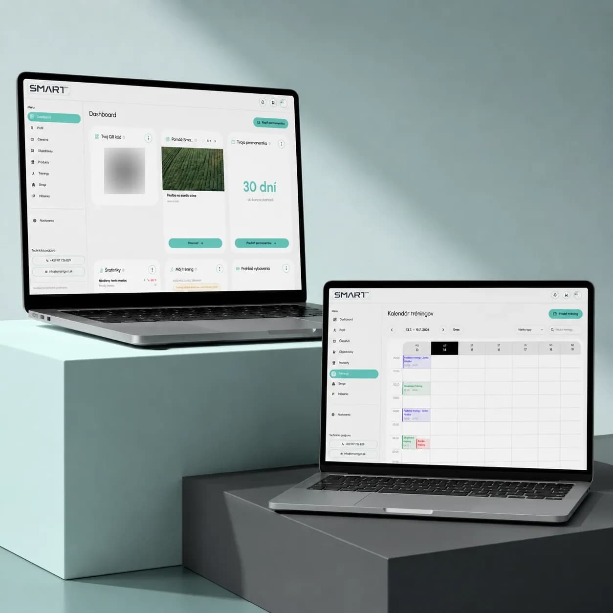 Členský dashboard a tréninkový kalendář SmartGym na noteboocích