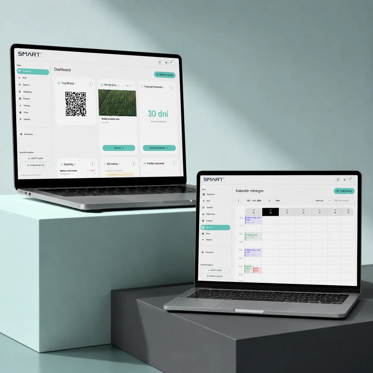 Členský dashboard a tréninkový kalendář SmartGym na noteboocích