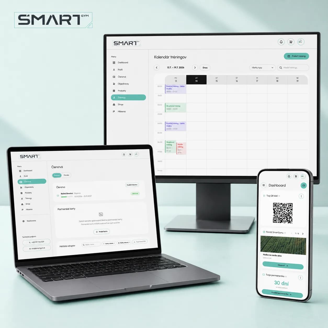Tréninkový kalendář, členství a členský dashboard SmartGym na třech zařízeních