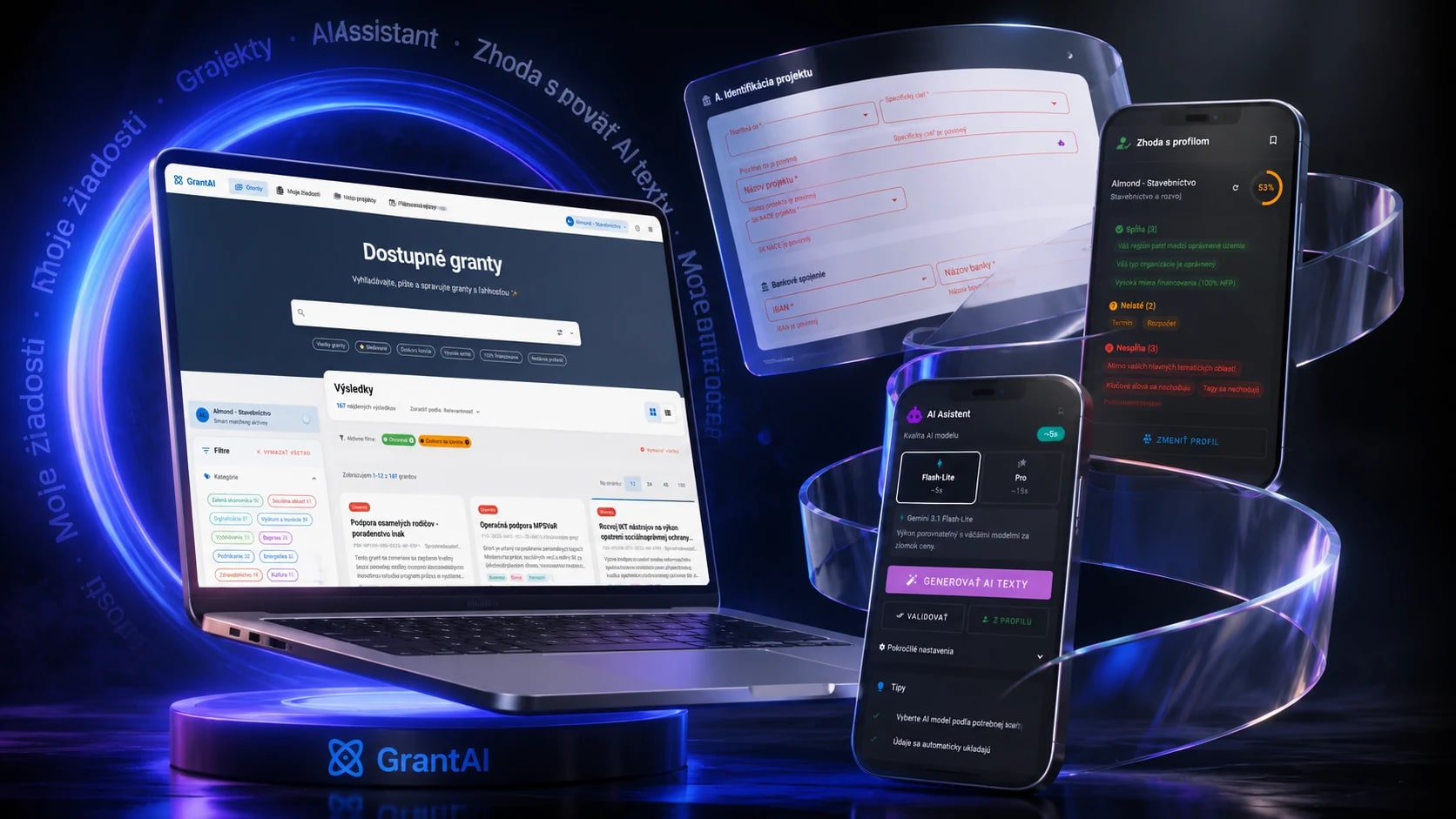 GrantAI on laptop and mobile screens with grant search and an AI assistant