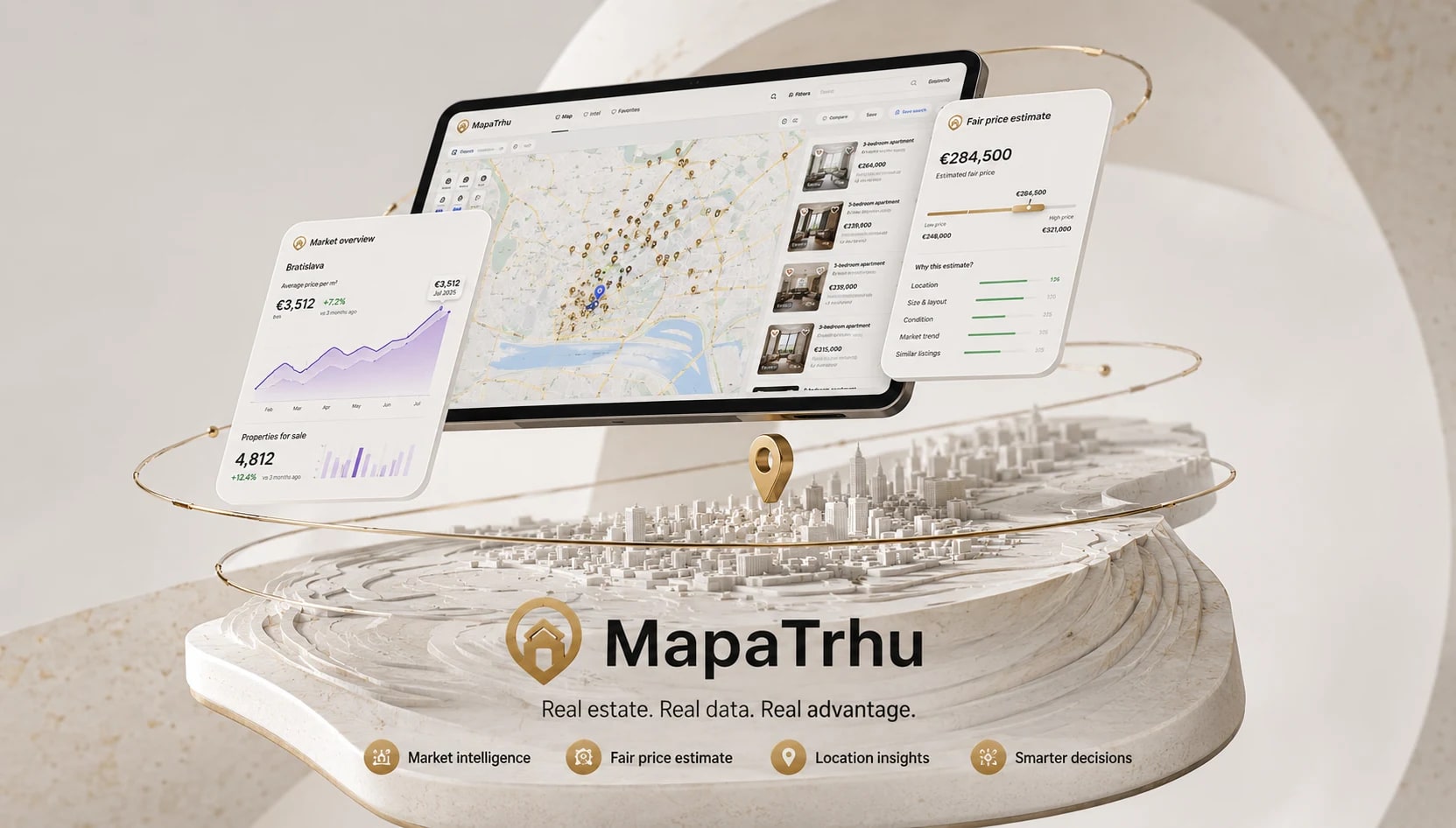 MapaTrhu with a property map, market overview, and fair price estimate