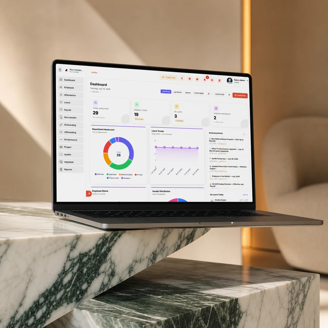 HR dashboard of a personnel and payroll system on a laptop