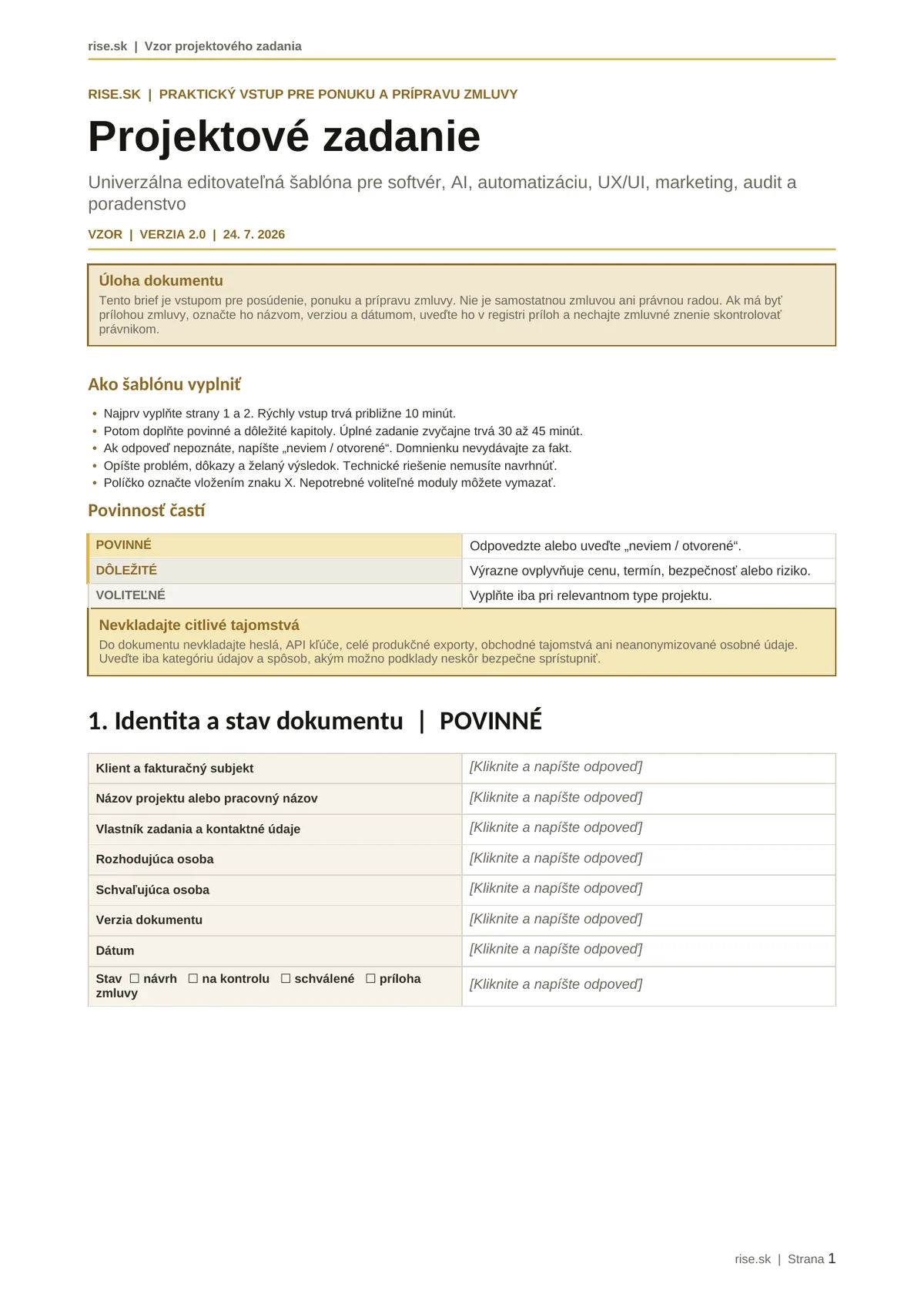 Náhľad slovenskej Word šablóny projektového zadania